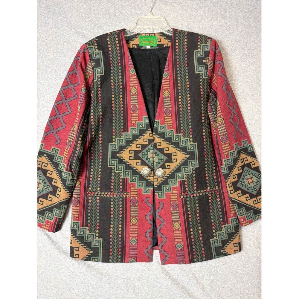 Wraps Vintage Southwestern Tapestry Blazer Jacket Red Black Concho Buttons L